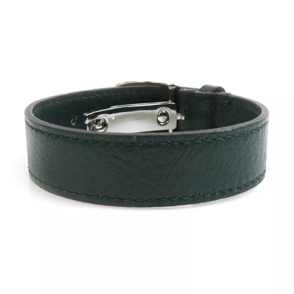 Auth GUCCI Interlocking G Bracelet Green/Silver Leather/Stainless Steel h30825f - Picture 3 of 9